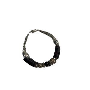 Silver Rose and Black Onyx Beaded Triple Strand Bracelet